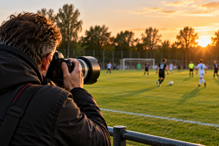 Voetbalfotograaf Bij Zonsondergang